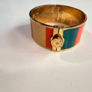 Ann Taylor Enamel Striped Hinged Bangle Bracelet Gold Tone Orange Teal Cream